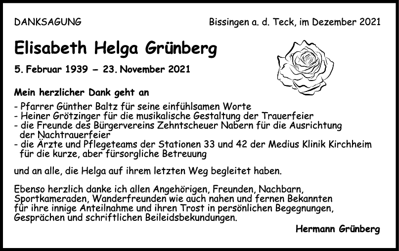 Danksagung Elisabeth Helga Grünberg <br><p style=