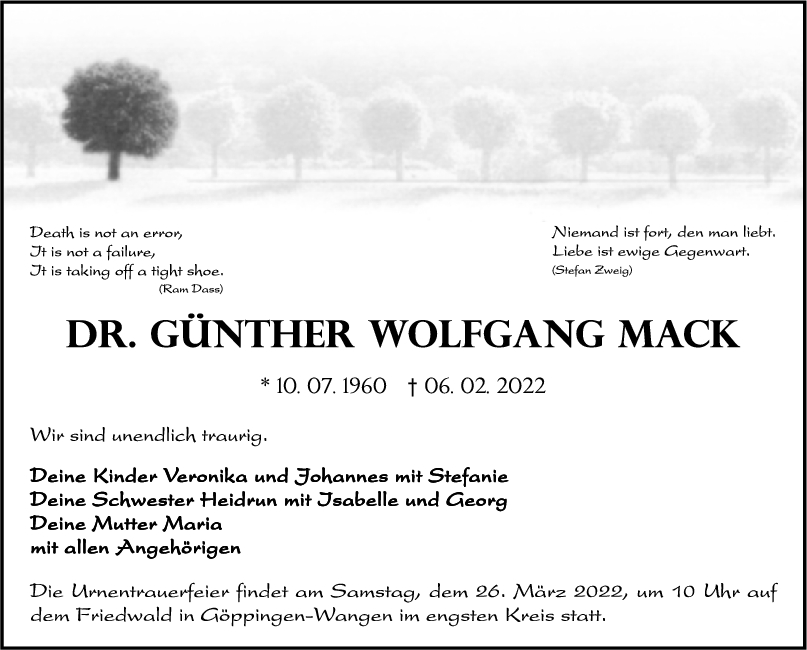 Trauer Dr. Günther Wolfgang Mack 19/02/2022 Teckbote Trauerportal
