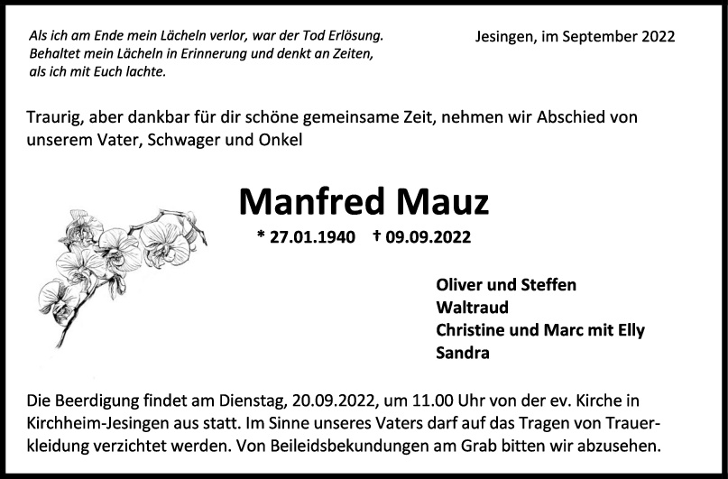 Trauer Manfred Mauz 13/09/2022 Teckbote Trauerportal