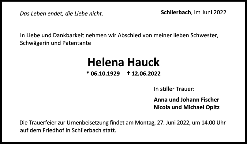 Trauer Helena Hauck 24/06/2022