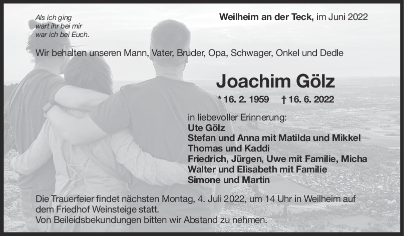 Trauer Joachim Gölz 01/07/2022