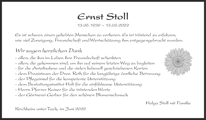 Danksagung Ernst Stoll <br><p style=