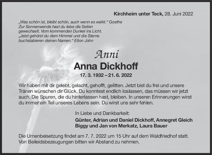 Trauer Anna Dickhoff 28/06/2022
