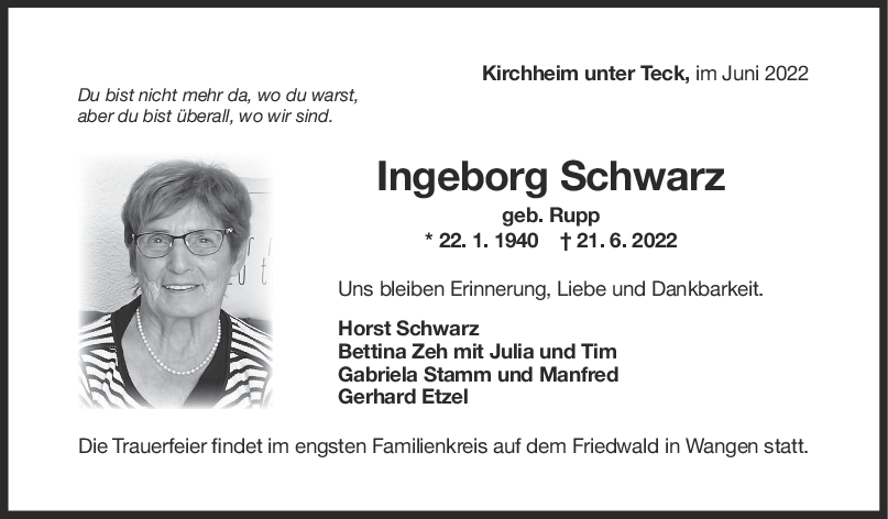 Trauer Ingeborg Schwarz <br><p style=