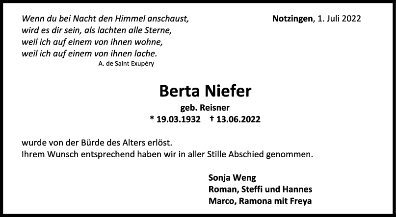 Trauer Berta Niefer 01/07/2022