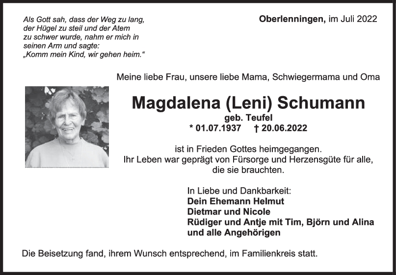 Trauer Magdalena Schumann 02/07/2022