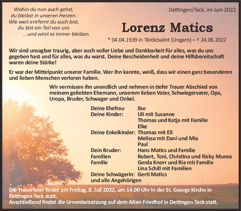 Trauer Lorenz Matics 02/07/2022