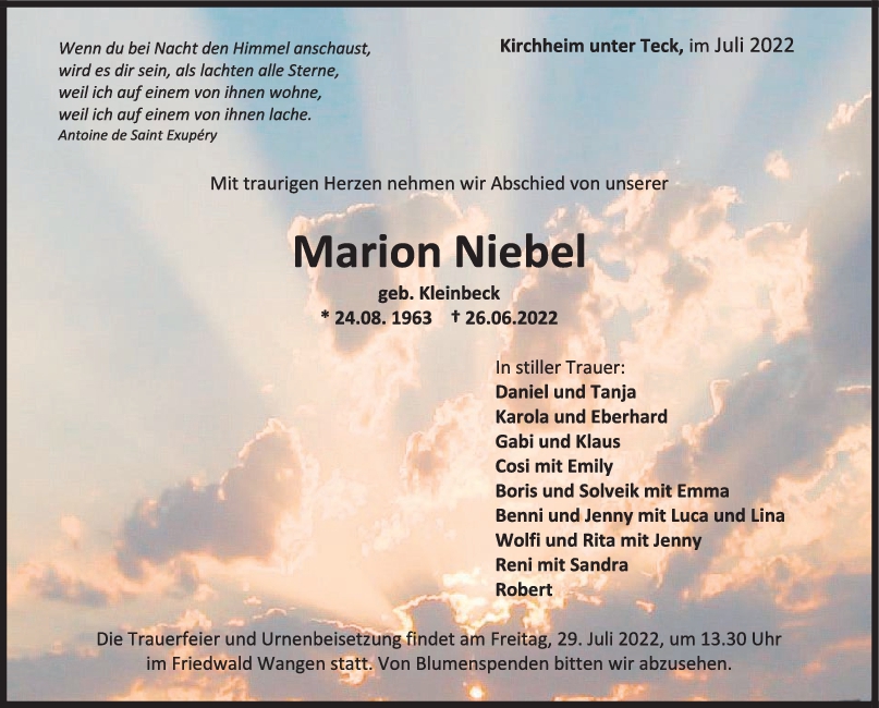Trauer Marion Niebel 02/07/2022