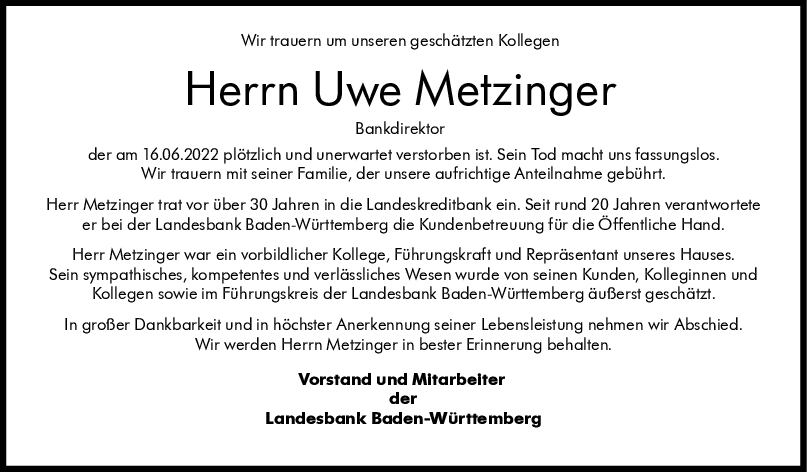 Nachruf Uwe Metzinger 02/07/2022
