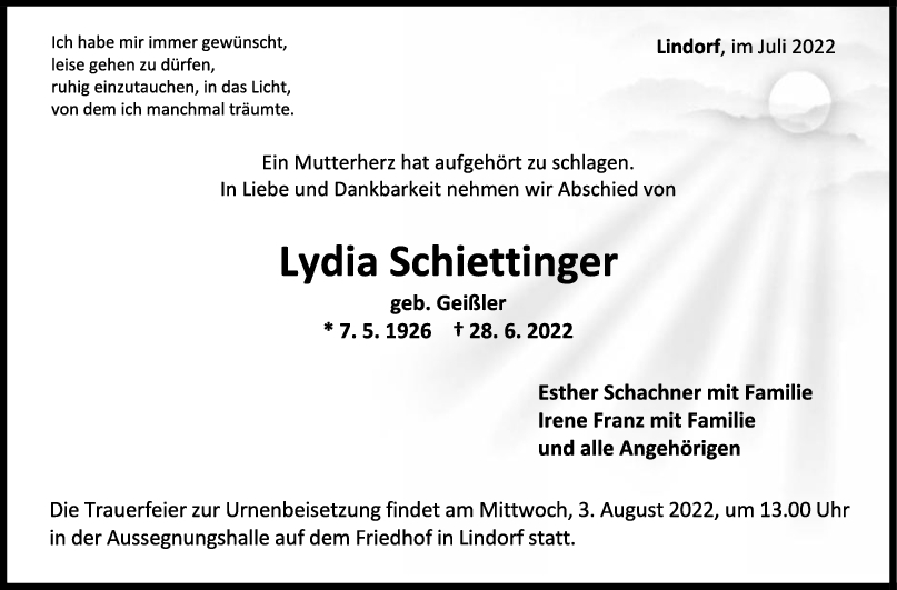 Trauer Lydia Schiettinger 08/07/2022