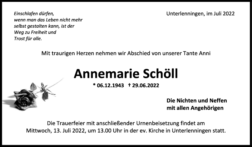 Trauer Annemarie Schöll 09/07/2022