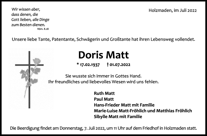 Trauer Doris Matt 04/07/2022