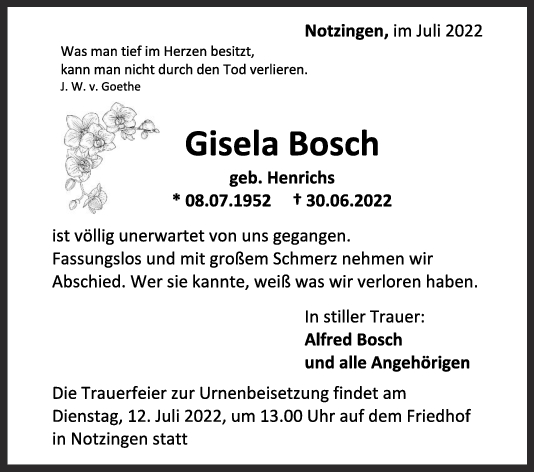 Trauer Gisela Bosch 08/07/2022