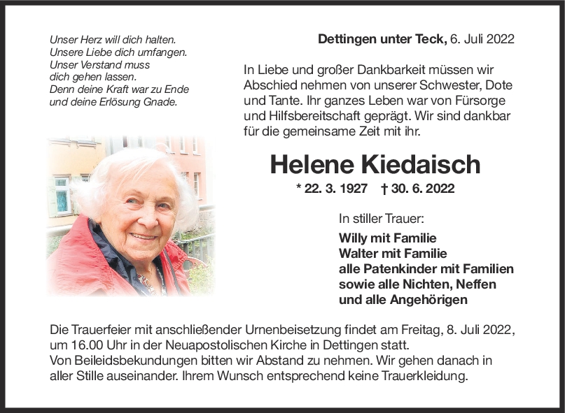 Trauer Helene Kiedaisch 06/07/2022