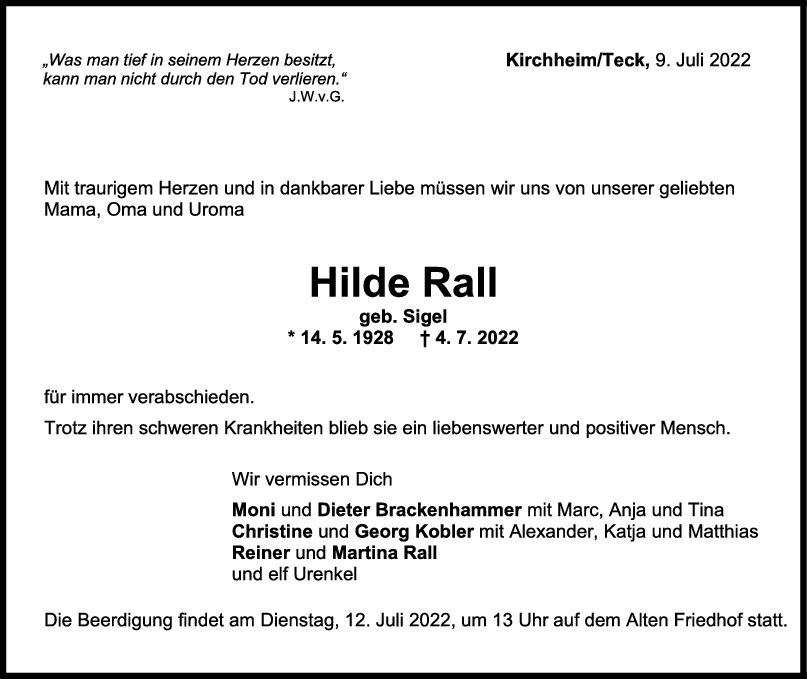 Trauer Hilde Rall 09/07/2022