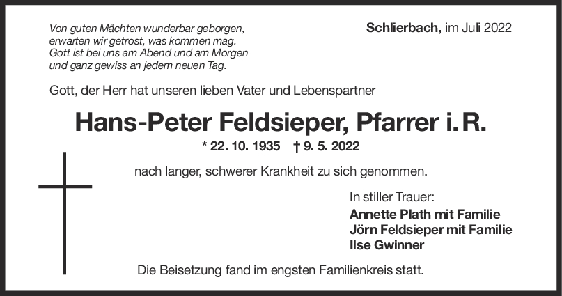 Trauer Hans-Peter Feldsieper 09/07/2022