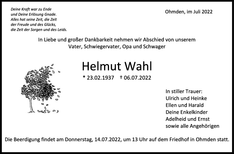 Trauer Helmut Wahl 09/07/2022