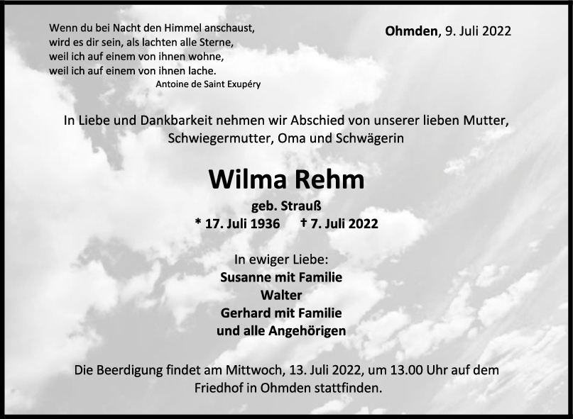 Trauer Wilma Rehm 09/07/2022