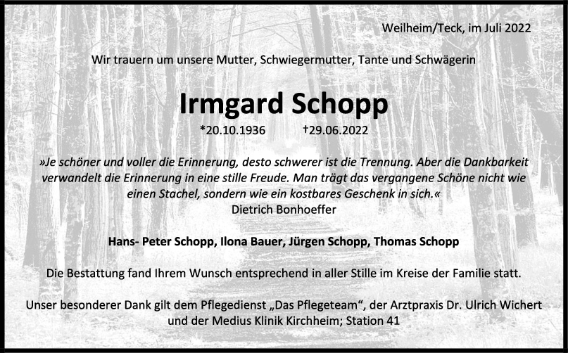 Trauer Irmgard Schopp 14/07/2022