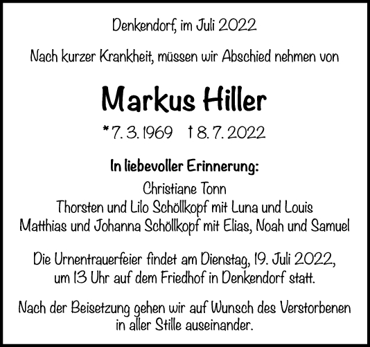 Trauer Markus Hiller 15/07/2022