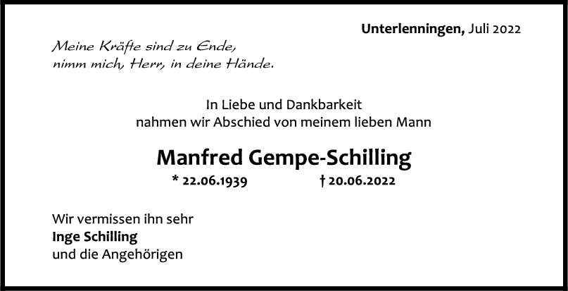 Trauer Manfred Gempe-Schilling 16/07/2022