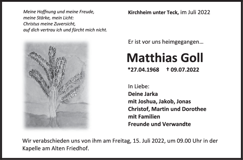 Trauer Matthias Goll 13/07/2022