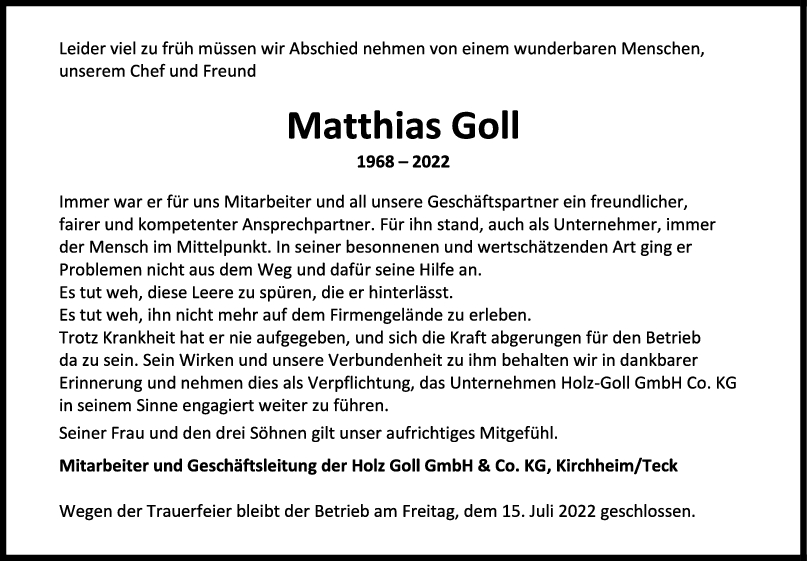 Nachruf Matthias Goll 13/07/2022