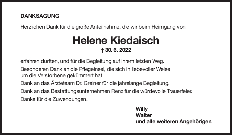 Trauer Helene Kiedaisch 16/07/2022