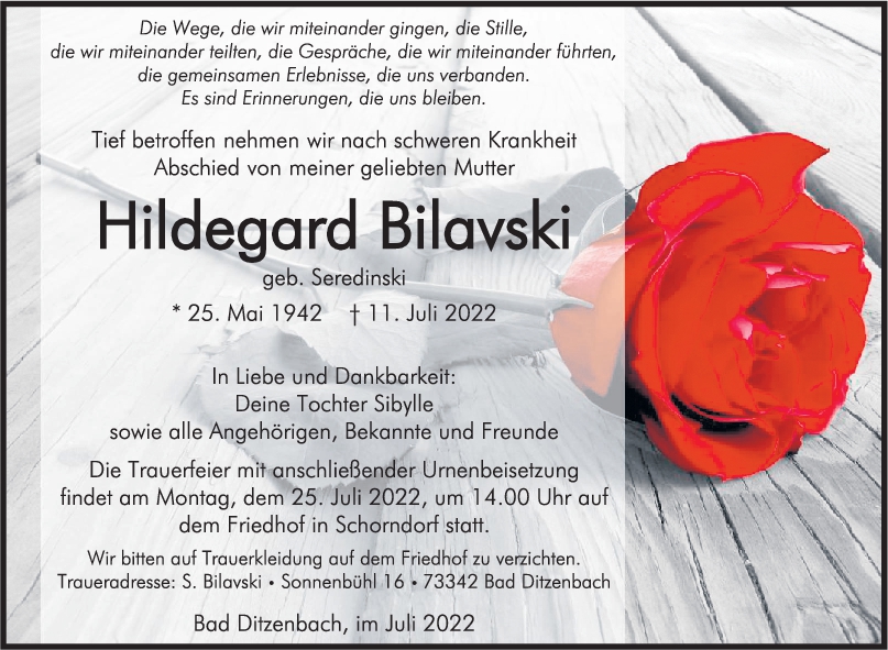 Trauer Hildegard Bilavski 16/07/2022