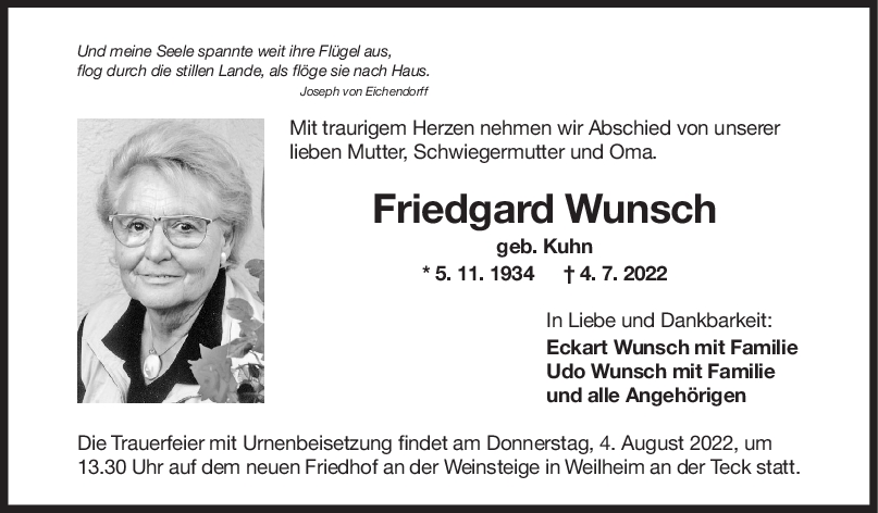 Trauer Friedgard Wunsch 02/08/2022