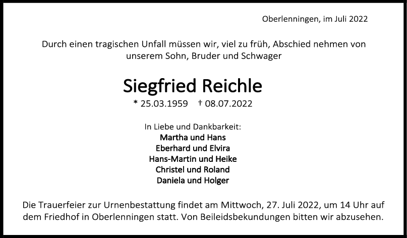 Trauer Siegfried Reichle 20/07/2022