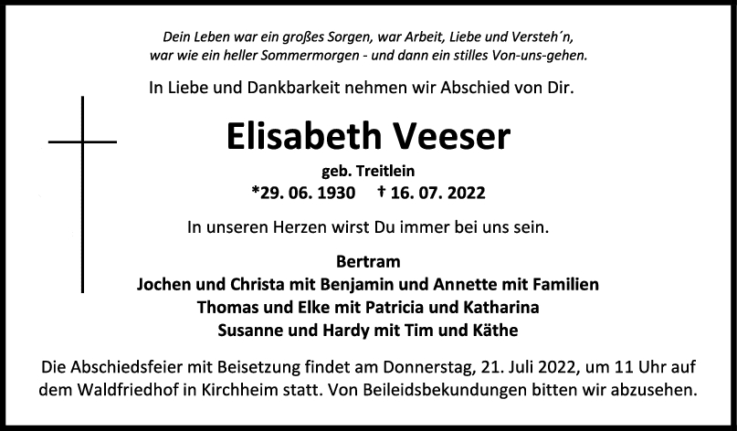 Trauer Elisabeth Veeser 19/07/2022