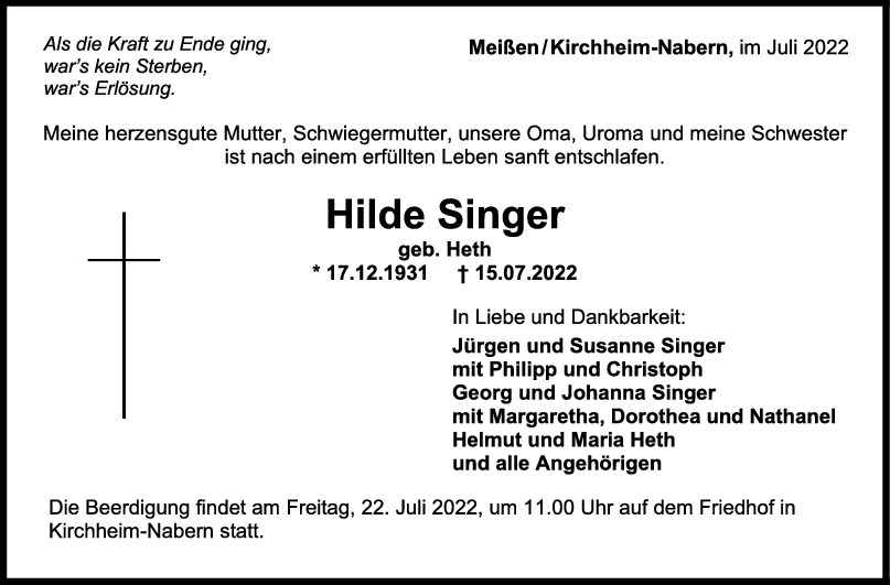 Trauer Hilde Singer 19/07/2022