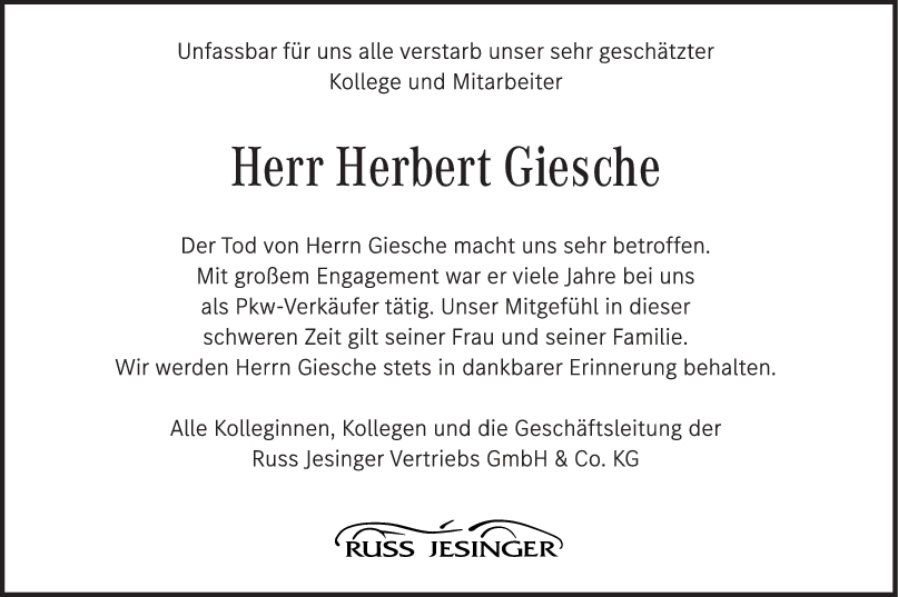 Nachruf Herr Herbert Giesche <br><p style=