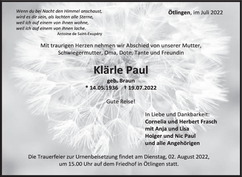 Trauer Klärle Paul 30/07/2022