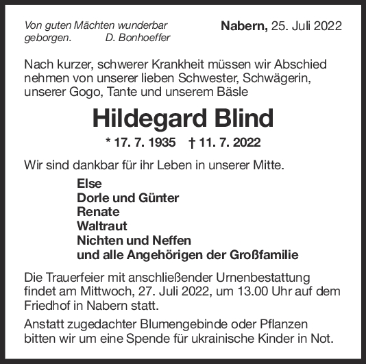 Trauer Hildegard Blind 25/07/2022