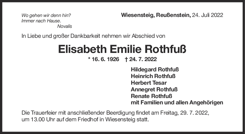 Trauer Elisabeth Emelie Rothfuß 26/07/2022