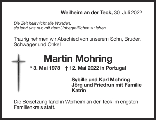 Trauer Martin Mohring 30/07/2022