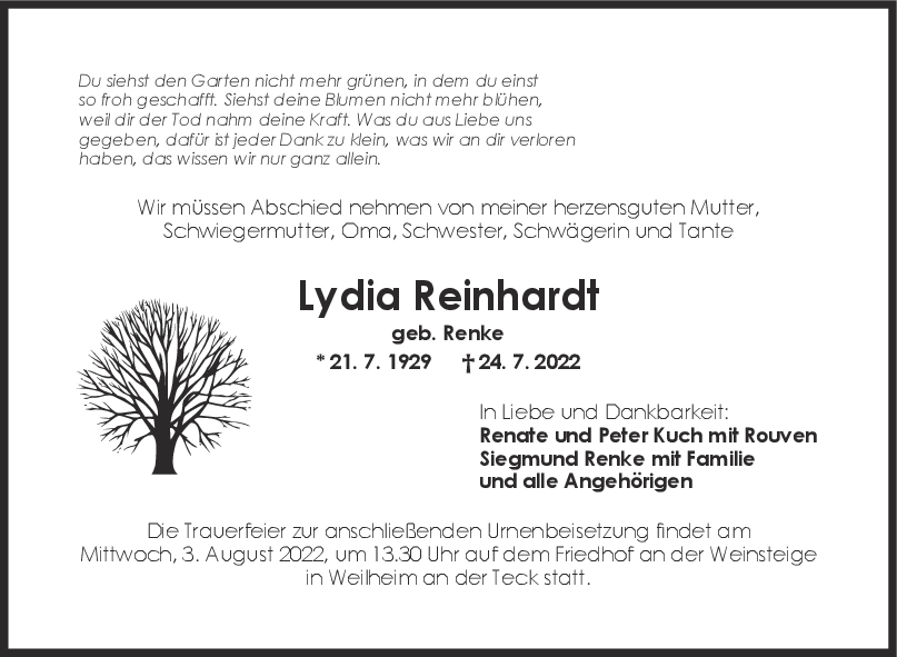 Trauer Lydia Reinhardt 01/08/2022