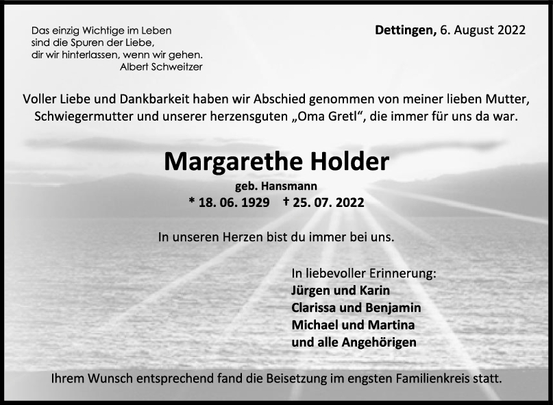 Trauer Margarethe Holder 06/08/2022