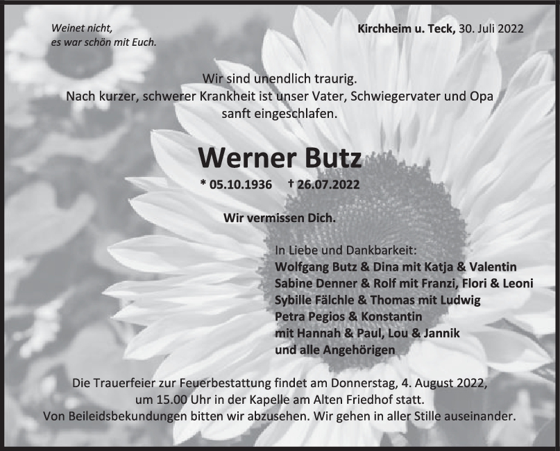 Trauer Werner Butz 30/07/2022