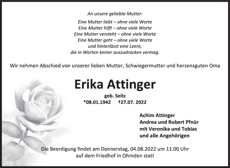 Trauer Erika Attinger 30/07/2022