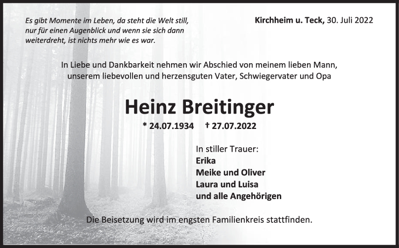 Trauer Heinz Breitinger 30/07/2022