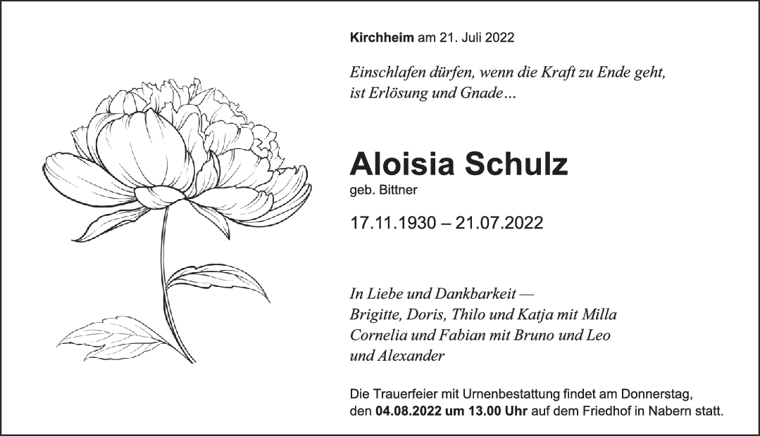 Trauer Aloisia Schulz 30/07/2022