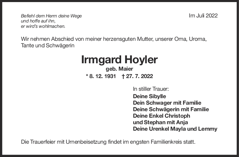 Trauer Irmgard Hoyler 30/07/2022