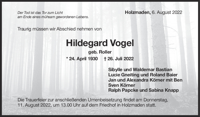 Trauer Hildegard Vogel 06/08/2022