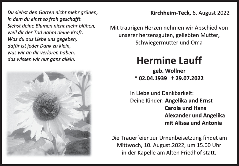 Trauer Hermine Lauff 06/08/2022
