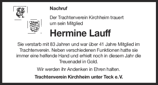 Nachruf Hermine Lauff <br><p style=