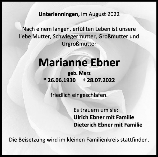 Trauer Marianne Ebner 03/08/2022