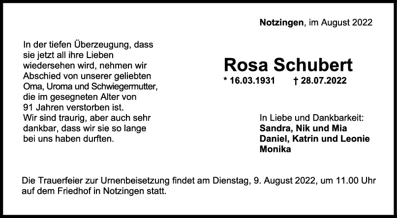 Trauer Rosa Schubert 06/08/2022
